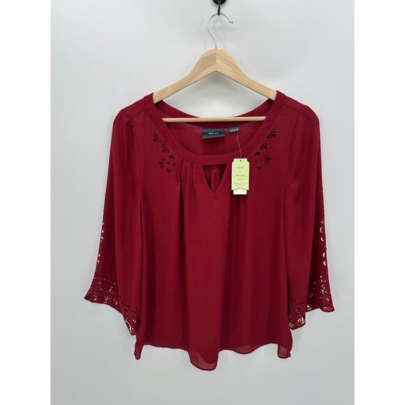 Maeve Blouse Women 8 Red Cut Out 3/4 Sleeve Sheer Lightweight Romantic NWT - Picture 1 of 9